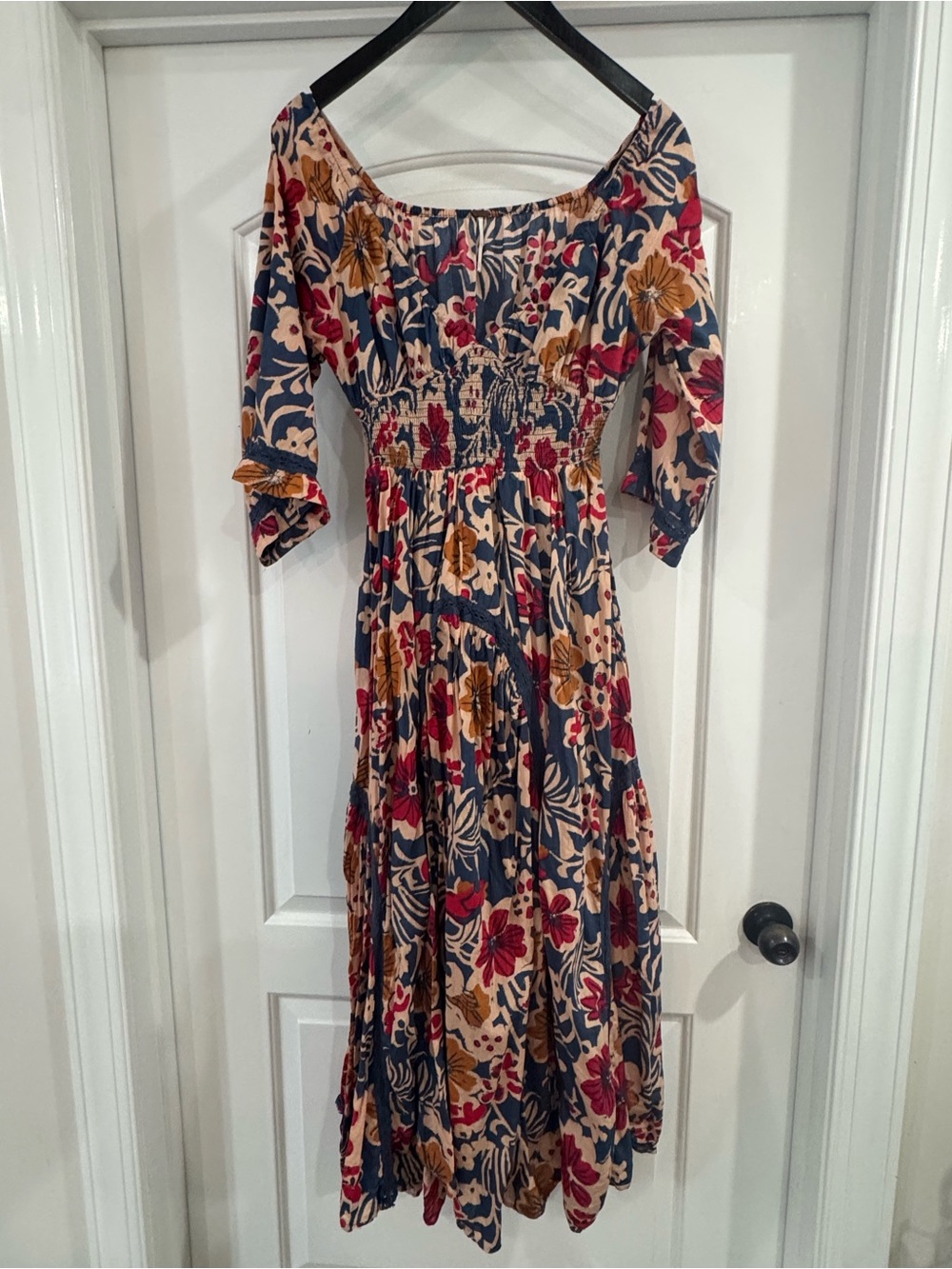 Free People Navy Floral Off-Shoulder Midi Dress with Red & Mustard Accents
